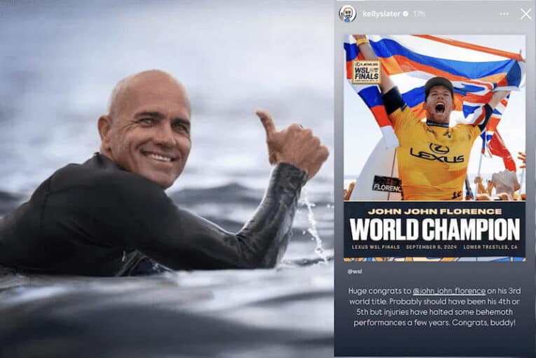 Kelly Slater (left) flashing John John Florence an ironic thumbs up. Photo: Instagram